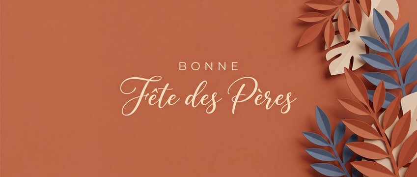 Fete des peres background banner with modern paper cut leaves for French Fathers Day celebration template. Minimalist terracotta orange and blue botanical border with copy space for greeting card.