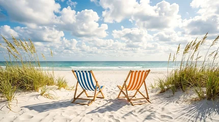 Two colorful beach chairs sit on a pristine sandy beach, overlooking a calm blue ocean under a bright, cloudy sky. © EdiArtX
