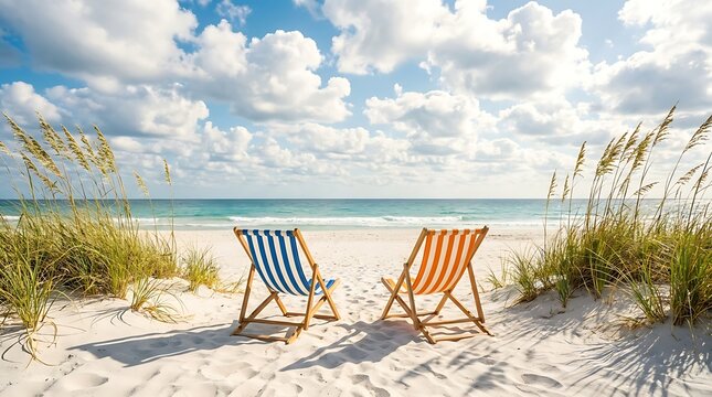 Two colorful beach chairs sit on a pristine sandy beach, overlooking a calm blue ocean under a bright, cloudy sky.