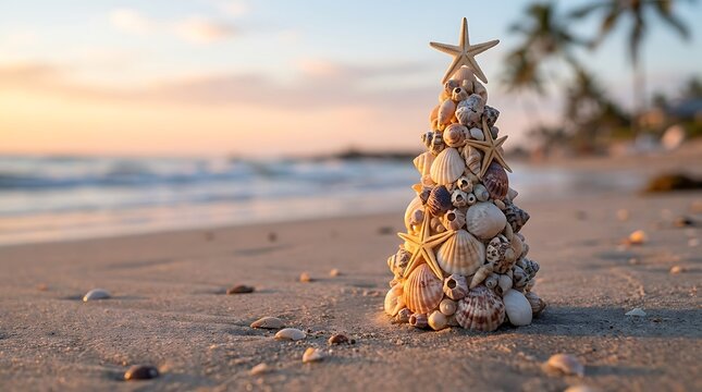 A festive Christmas tree adorned with seashells and starfish stands on a sandy beach, with the ocean waves gently lapping at the shore during sunset