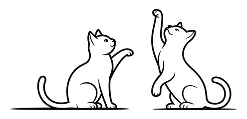 Naklejka premium Playful Kittens in Outline. Two stylized outline illustrations of domestic cats, one seated with a raised paw and the other stretching upwards with a paw extended, showcasing playful feline behavior.