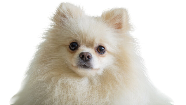 Isolated charming fluffy Pomeranian dog looking directly at the camera with expressive eyes