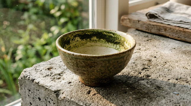 Rustic ceramic bowl with matcha tea residue on a textured stone surface