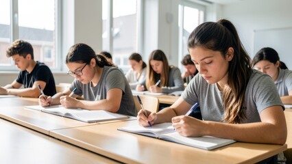 Fototapeta premium diverse university students taking focused assessment in modern bright classroom setting educational testing concept natural light copy space