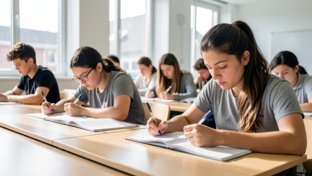 diverse university students taking focused assessment in modern bright classroom setting educational testing concept natural light copy space