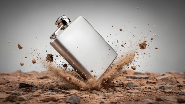 A Metal Hip Flask Splashing Brown Dirt and Rocks on a Textured Ground Surface - Dynamic Action Shot