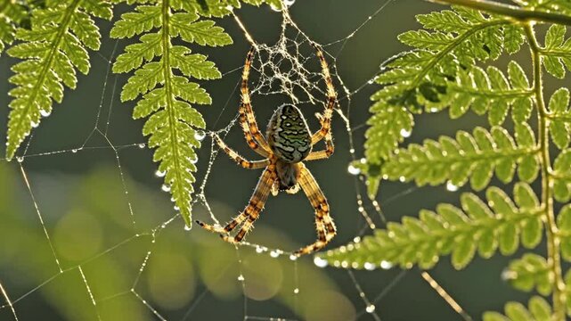 Orb weaver spider on dew-covered fern web in morning sunlight macro close-up spiderweb nature