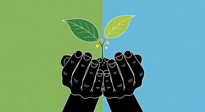 Hands holding a green seedling, symbolizing growth and new beginnings, against a split green and blue background