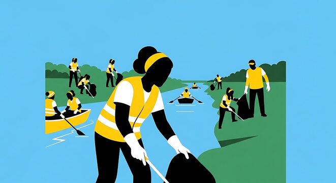 Community River Cleanup, Environmental Volunteers Collecting Trash in Boats, Sustainable Ecology Action