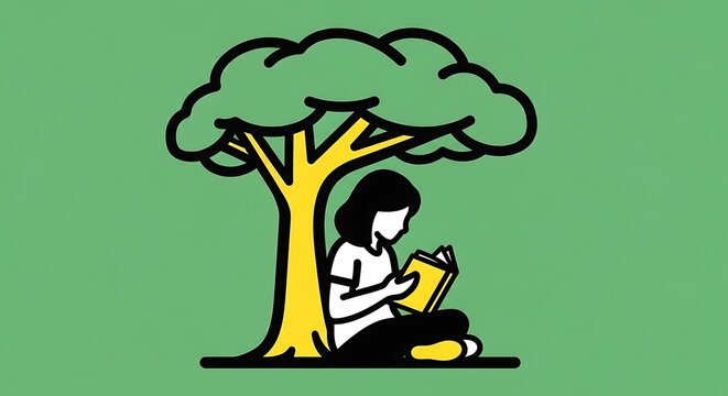 Girl Reading Book Under Tree, Peaceful Outdoor Learning, Summer Nature Illustration, Education Concept