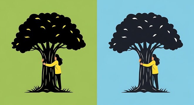 Woman Hugging Tree, Nature Conservation Symbol, Environmental Protection Concept, Green and Blue Backgrounds