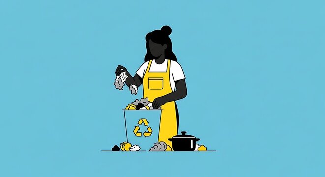 Woman Recycling Kitchen Waste, Sustainable Living, Eco-Friendly Household Chores, Blue Background