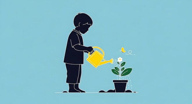 Child watering plant, growth concept, nurturing nature, gardening illustration, yellow watering can, blue background, butterfly