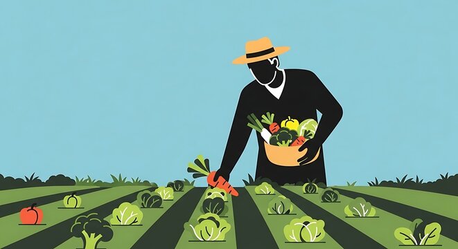 Farmer Harvesting Fresh Organic Vegetables in Field, Healthy Food Production, Sustainable Agriculture Concept