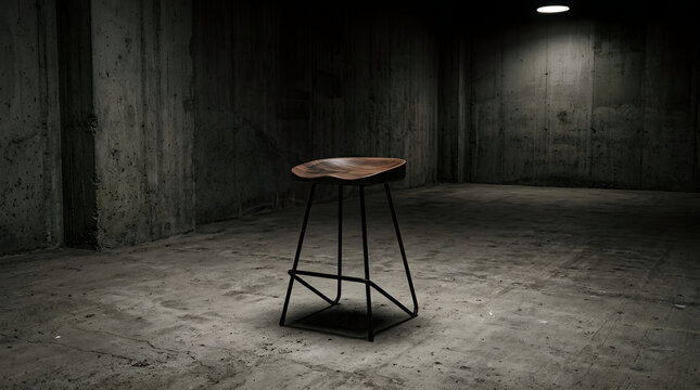 Modern Wooden Bar Stool with Black Metal Legs in Industrial Concrete Room