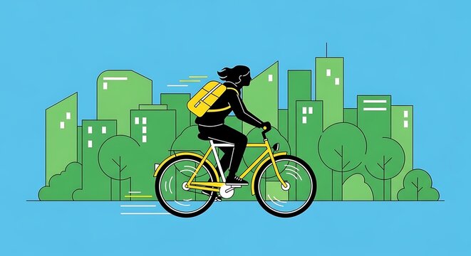 Urban Cyclist Delivering Goods, Cityscape Background, Eco-Friendly Transportation Concept, Bright Green and Blue Palette