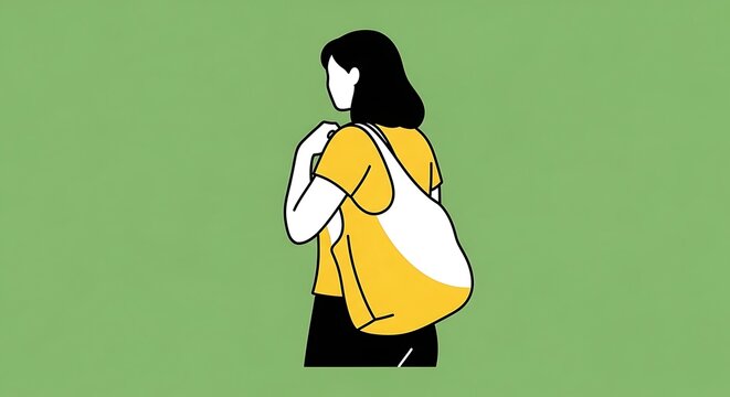 Minimalist Woman with Tote Bag, Simple Graphic Illustration, Eco-Friendly Shopping Concept, Yellow and Green Palette