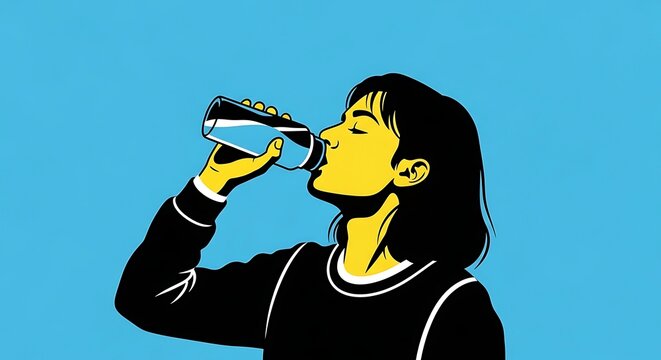 Woman Drinking Water From Bottle, Refreshment, Hydration, Healthy Lifestyle, Bold Graphic Style
