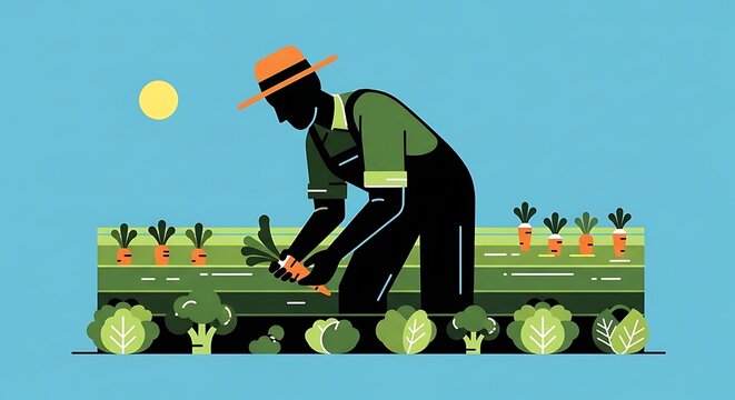 Farmer Harvesting Organic Carrots, Fresh Vegetables, Sustainable Agriculture, Blue Sky Background