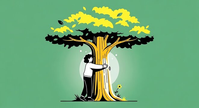 Person Hugging Tree, Nature Conservation Concept, Environmental Protection, Green Lifestyle, Organic Growth