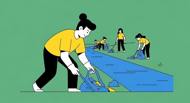 Community River Cleanup, Environmental Volunteers Collecting Trash, Sustainable Lifestyle, Green Planet Initiative
