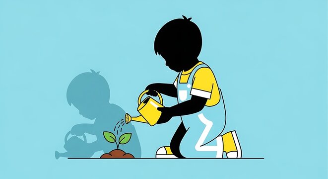 Child Watering Plant, Growth Concept, Organic Farming, Sustainability, Blue Background, Simple Illustration