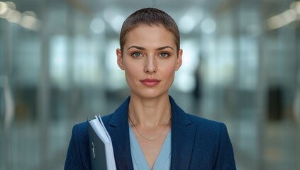 Obraz premium Retrato de mujer profesional de pelo corto con blazer azul y fondo corporativo desenfocado