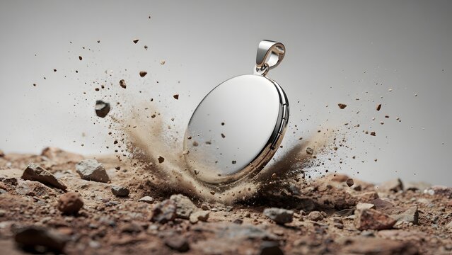 An elegant, reflective silver locket forcefully breaks free from a cloud of shattered earth and gravel, emphasizing durability and a captivating, powerful presence