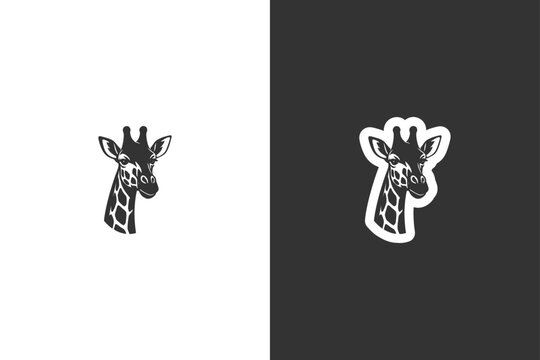 A stylized graphic illustration of a giraffe head presented in high contrast black and white