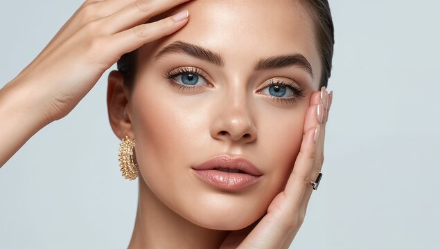 Retrato beauty de mujer con maquillaje suave, manos en el rostro y expresi&oacute;n elegante para cosm&eacute;tica premium