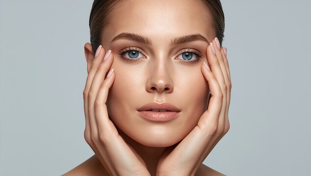 Primer plano de mujer con piel hidratada y manos en el rostro para campa&ntilde;a de belleza y cuidado facial