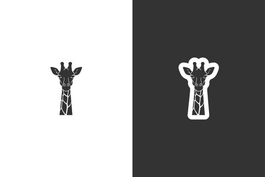 A minimalist vector graphic showing two versions of a giraffe head silhouette in black and white contrast