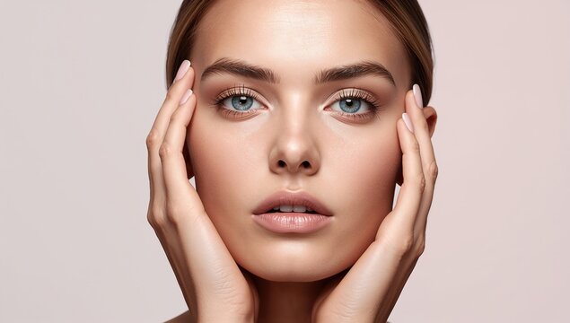 Retrato beauty de mujer con piel luminosa, mirada directa y manos en el rostro para concepto de skincare
