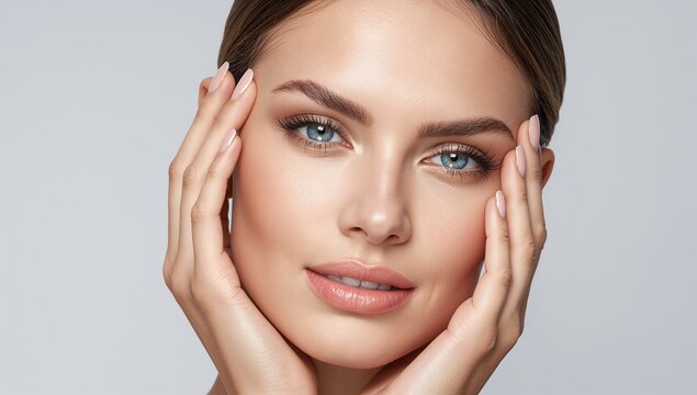 Primer plano de mujer joven con manos sobre el rostro y expresi&oacute;n natural para publicidad de cosm&eacute;tica premium