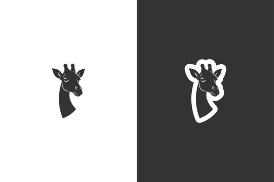 A clean vector style illustration of a giraffe head silhouette presented in contrasting black and white tones