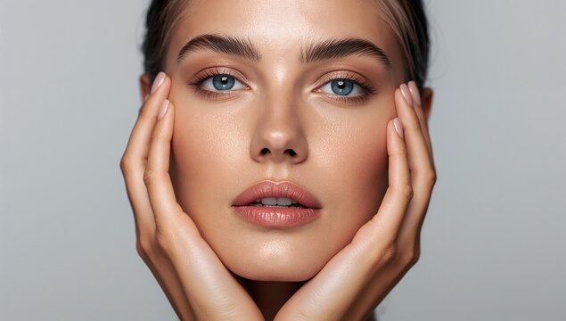 Primer plano beauty de mujer con manos en el rostro y piel hidratada para campa&ntilde;a de cuidado facial