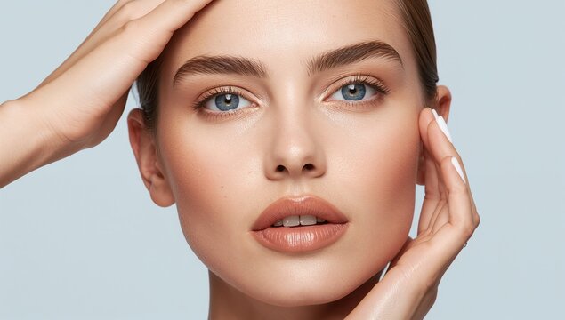 Primer plano de mujer con piel luminosa y manos en el rostro para concepto de belleza y cuidado facial