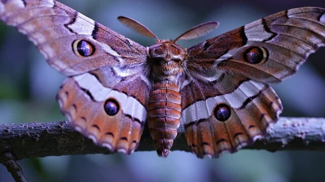 Large emperor moth spreading wings on tree branch macro close-up shot saturniidae insect nature