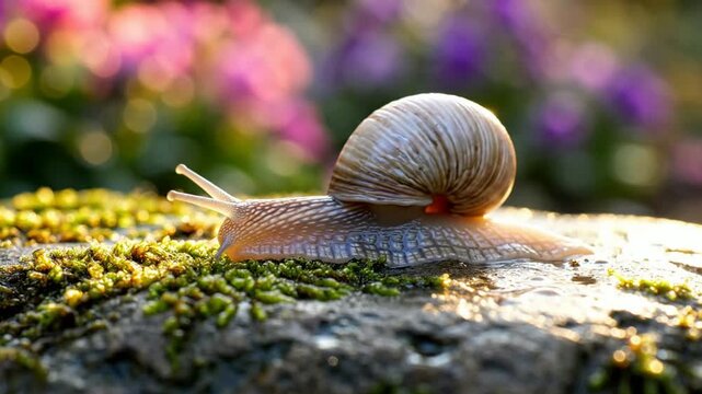 Garden snail crawling slowly on mossy stone in golden hour sunlight, macro nature close-up wildlife