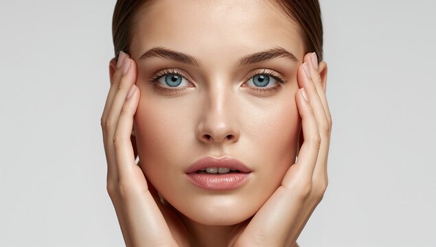 Primer plano de mujer con manos en el rostro y piel luminosa para concepto de skincare y belleza natural