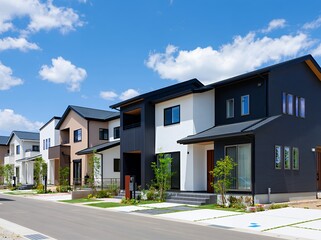 Obraz premium 青空の下にモダンな新築戸建て住宅が並ぶ美しい街並み