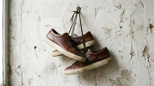 Brown leather sneakers hanging on a hook against a textured white wall