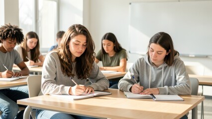 Fototapeta premium diverse thoughtful high school students learning in bright modern classroom natural light for educational background copy space