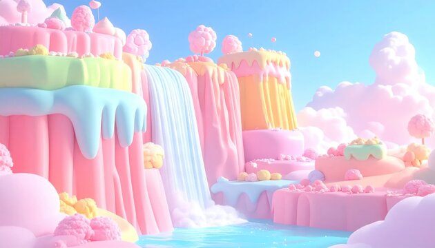 Fantasy colorful cake waterfall landscape scene.