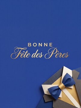 Fete des Peres greeting card with paper cut suit and blue bow tie on dark navy background featuring elegant gold typography for French Fathers Day celebration card design with minimalist luxury style.