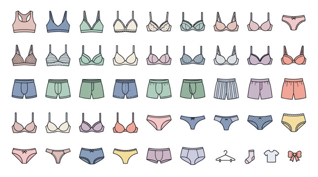 Collection of Lingerie and Underwear, Hand-drawn Style, Pastel Colors