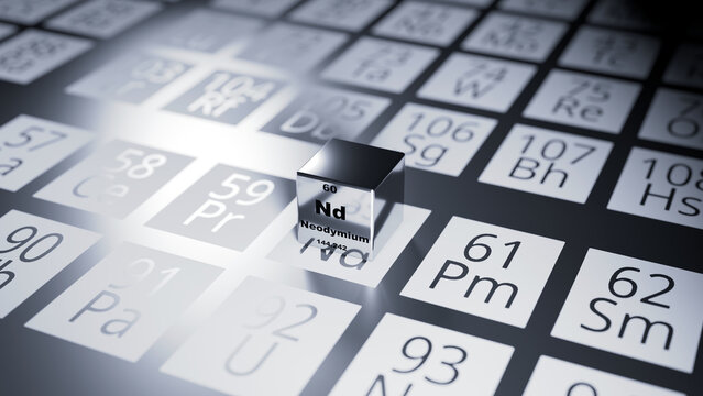 3D rendered image of neodymium (Nd) on the periodic table of elements.