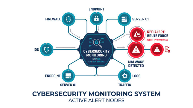 Cybersecurity Monitoring System Network Diagram with Active Alert Nodes