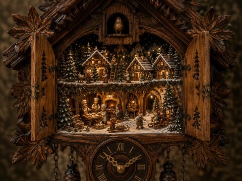 Kreative Weihnachtswelt im Inneren einer ge&ouml;ffneten Kuckucksuhr mit beleuchteten H&auml;usern, kleinen B&auml;ckern, geschm&uuml;ckten Tannen und fr&ouml;hlichen Holzschlitten im Schnee.