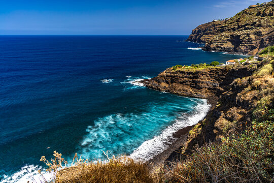 Playa de Los Patos Beach with Black Volcanic Sand and Powerful Atlantic Waves, Tenerife